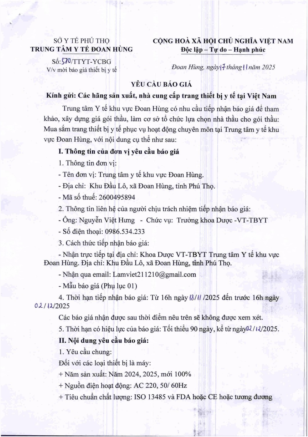 YÊU CẦU BÁO GIÁ