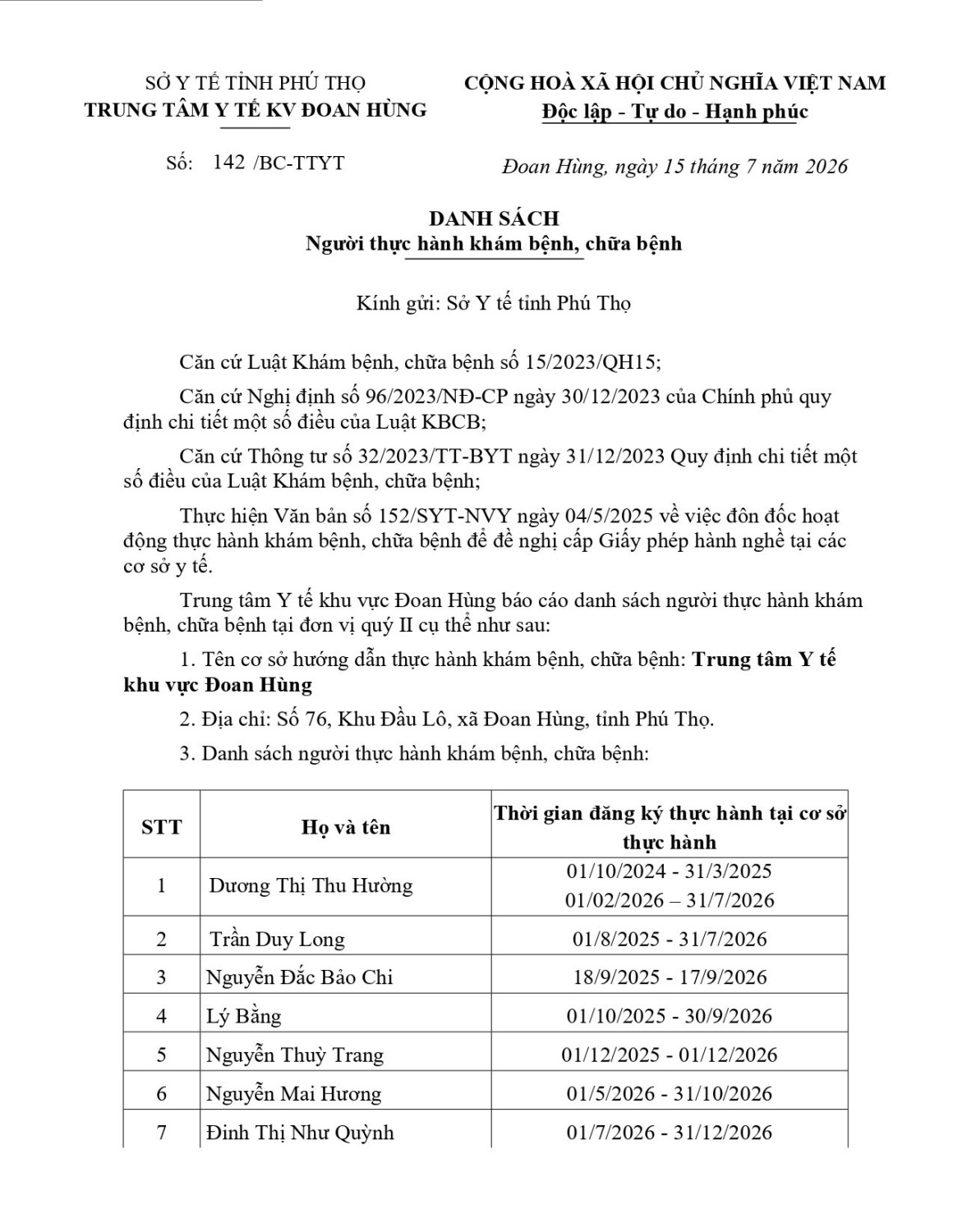 Trung tâm Y tế khu vực Đoan Hùng thông báo
